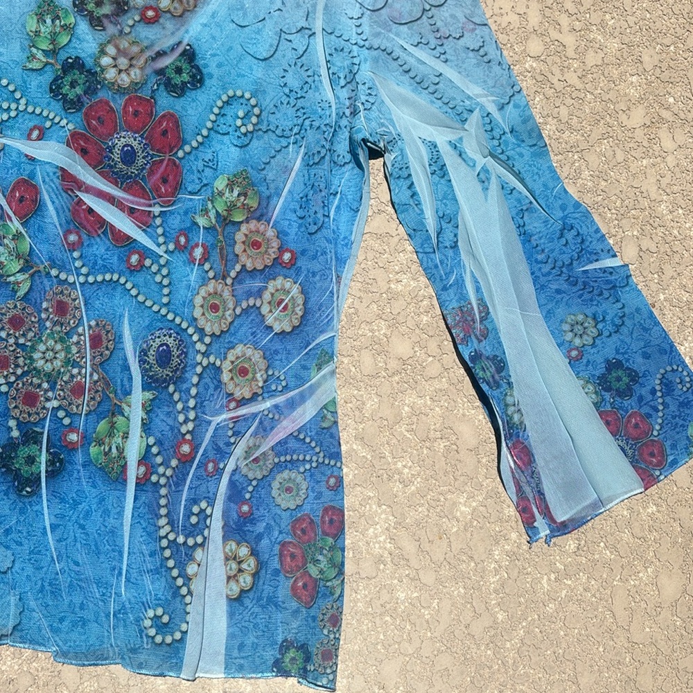 Design Works Top Beaded Sequins Fairy V-neck Blue Sheer Silky Size Medium - Picture 10 of 11